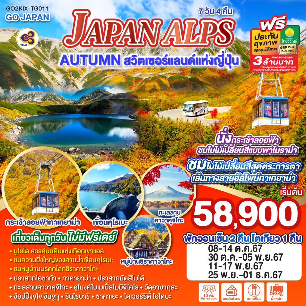 GO2KIX-TG011 JAPAN ALPS AUTUMN สวิตเซอร์แลนด์แห่งญี่ปุ่น 7D 4N โดยสายการบินไทย [TG]