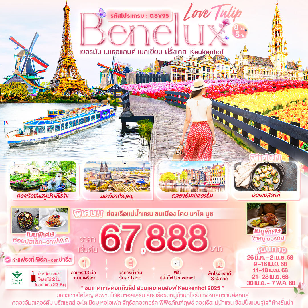 ทัวร์เยอรมนี Love Tulip Benelux เยอรมัน เนเธอแลนด์ เบลเยี่ยม ฝรั่งเศส Keukenhof 8วัน 5คืน (SV)