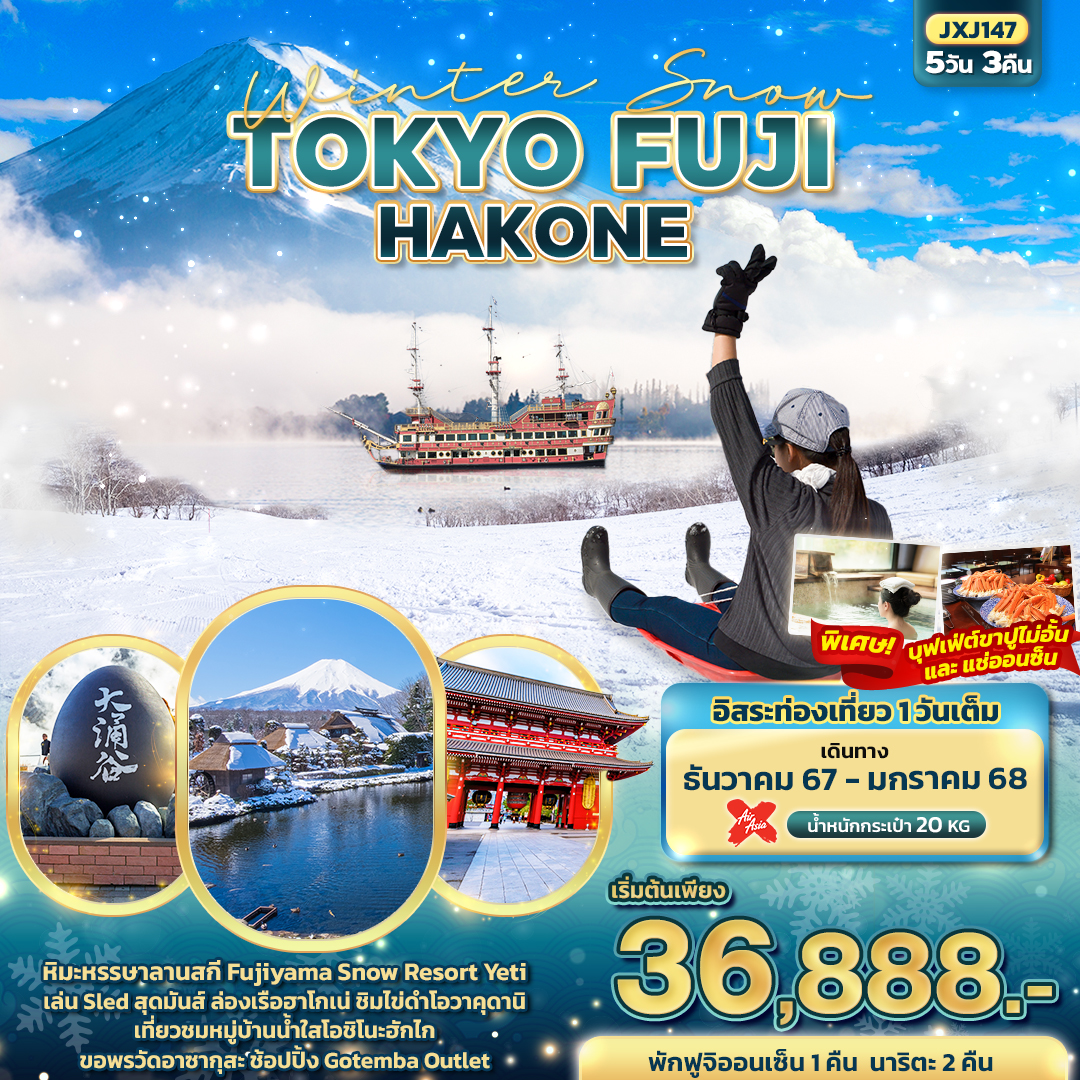 ทัวร์ญี่ปุ่น Winter Snow FUJI TOKYO NARITA HAKONE 5วัน 3คืน (XJ)